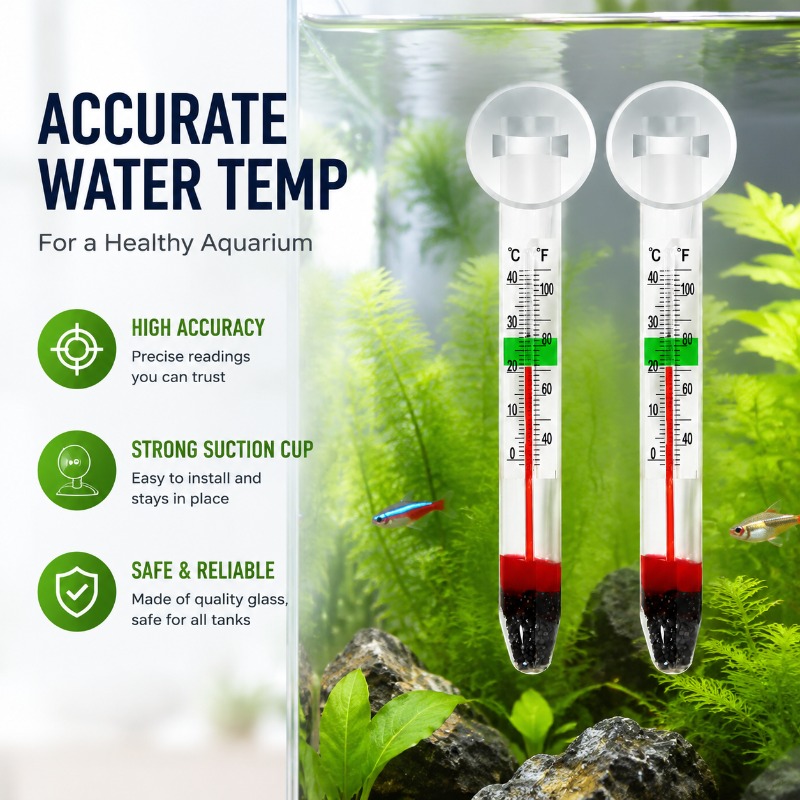 Planted Aquarium Water Temperature - เทอร์โมมิเตอร์วัดอุณหภูมิน้ำแบบกระจกพร้อมถ้วยดูดสูญญากาศ ความแม่นยำสูง สำหรับตู้ปลา ตู้เต่า และตู้ไม้น้ำ